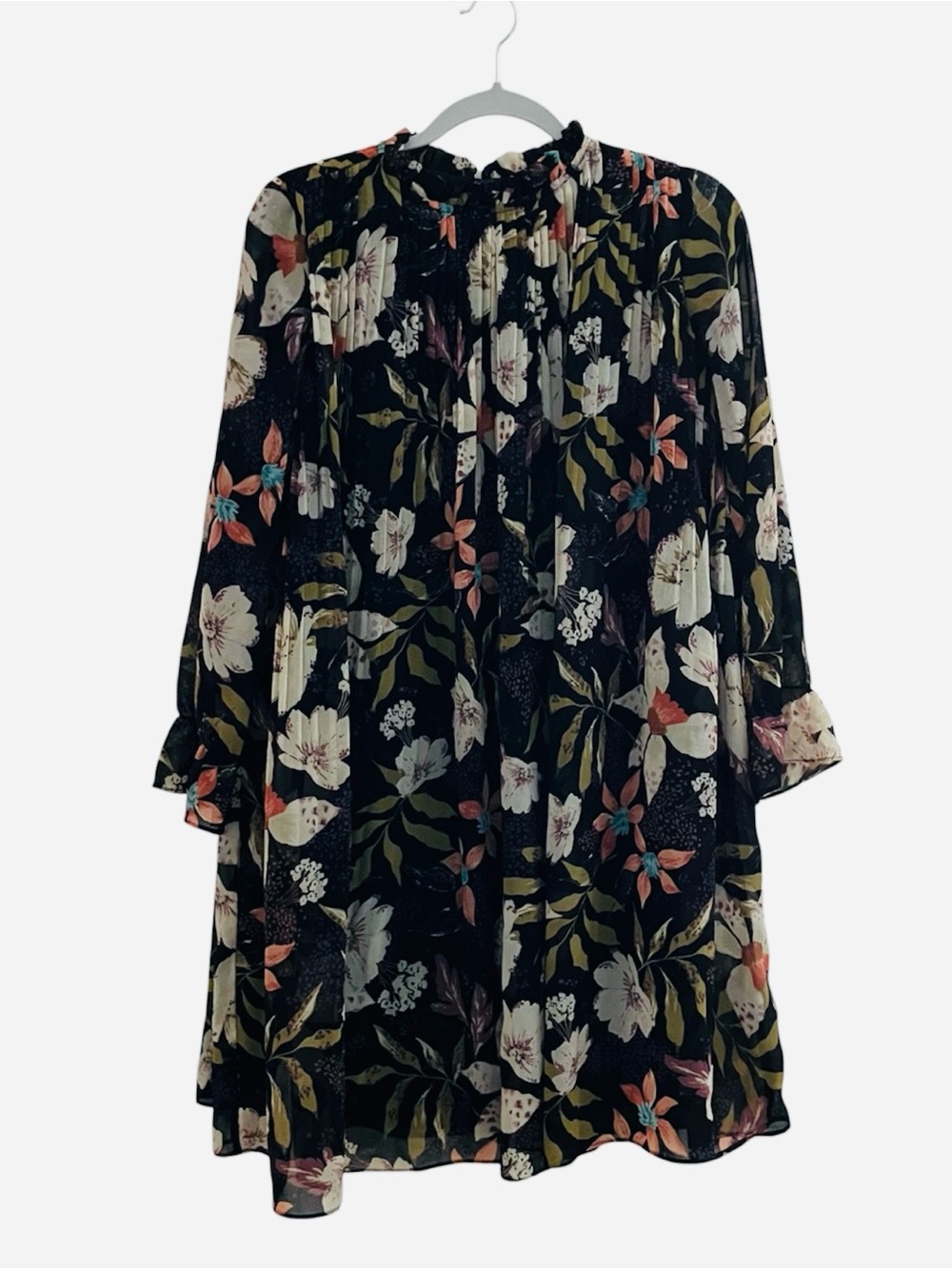 Böhme Women’s Small Black Floral Pleated Long Sleeve Mini Dress High Neck